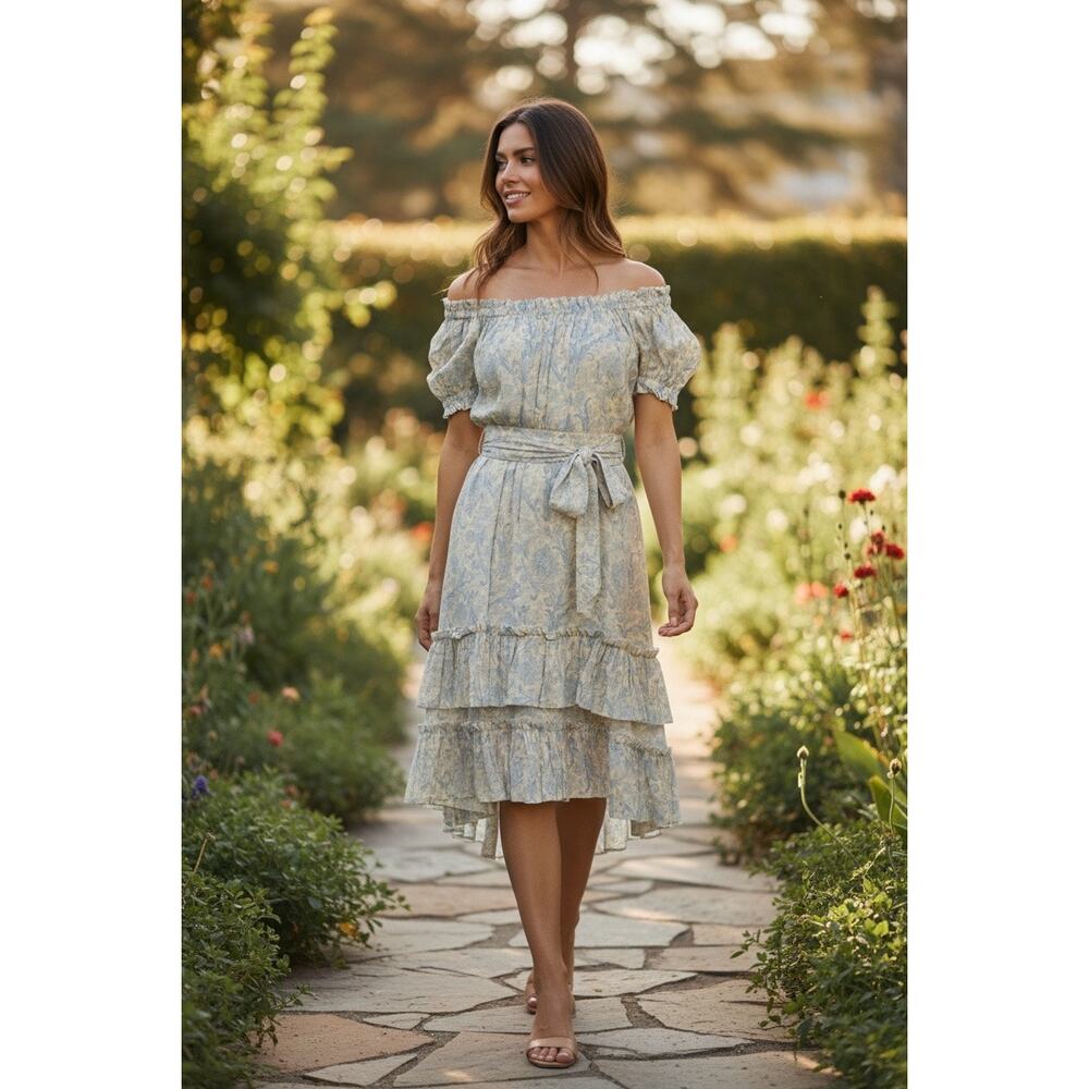 Zimmermann Linen Dress in Blue paisley Ruffle Embellishment. Short Sleeve.